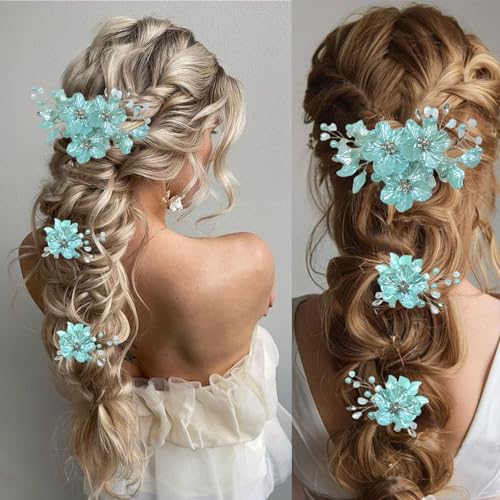 3 PCS Large Flower Bridal Wedding Hair Pins Crystal Pearl Hair Clips Headpiece Bride Hair Accessories Jewelry with Rhinestone, Glitter Emboss Blue Flower - color: Glitter Emboss Blue Flower