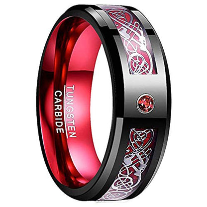 NUNCAD Men's Wedding Band 8mm Black Tungsten Carbide Ring Celtic Dragon Inlay Polished Finish Size 5-15 - color: A-Black & Red
