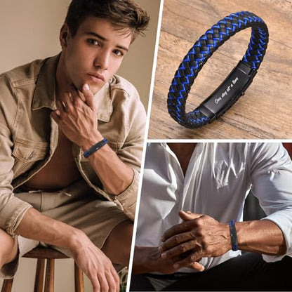 VNOX Men's Inspirational Mantra Engarved Handmade Braided Leather Adjustable Cuff Bangle Bracelet Encouragement Motivational Gift for Men - style: Black-Blue