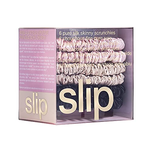 slip Skinny Scrunchies Multi | Set of 6 Pure Silk Skinny Scrunchies | Includes 2 Pink, 2 Caramel, 2 Black | 100% Mulberry Silk, Anti-Crease, Gentle on Hair, Reduces Breakage | Stylish & Durable - color: Black, Pink, Caramel