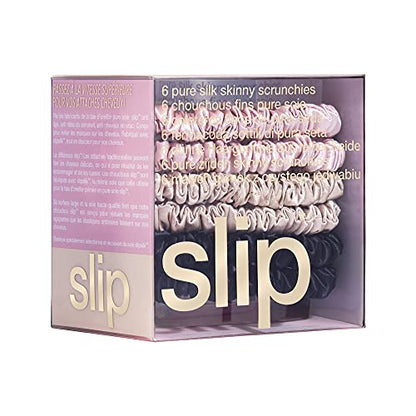 slip Skinny Scrunchies Multi | Set of 6 Pure Silk Skinny Scrunchies | Includes 2 Pink, 2 Caramel, 2 Black | 100% Mulberry Silk, Anti-Crease, Gentle on Hair, Reduces Breakage | Stylish & Durable - color: Black, Pink, Caramel