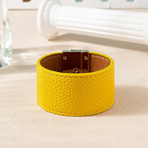 Rantanto Leather Wrap Bracelets For Women Gold Twist Lock Buckle Wrist Cuff | PU leather,Skin-friendly,Boho Stackable Wristband,Fashion Daily Jewelry,Trend Casual Party Bangle,Fit For Birthday, Holiday - color: Wide Yellow
