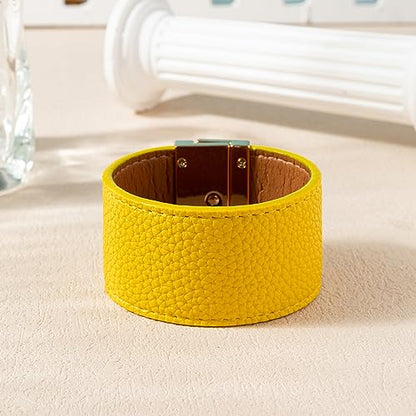 Rantanto Leather Wrap Bracelets For Women Gold Twist Lock Buckle Wrist Cuff | PU leather,Skin-friendly,Boho Stackable Wristband,Fashion Daily Jewelry,Trend Casual Party Bangle,Fit For Birthday, Holiday - color: Wide Yellow