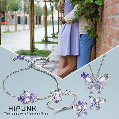 925 Sterling Silver Birthstone Butterfly Jewelry Women Crystal Animal Cute Butterflies Birthday Necklace/Earring/Ring/Bracelet Sets Birth Stone Statement Anniversary Jewellery - color: 3-F.June-Alexandrite