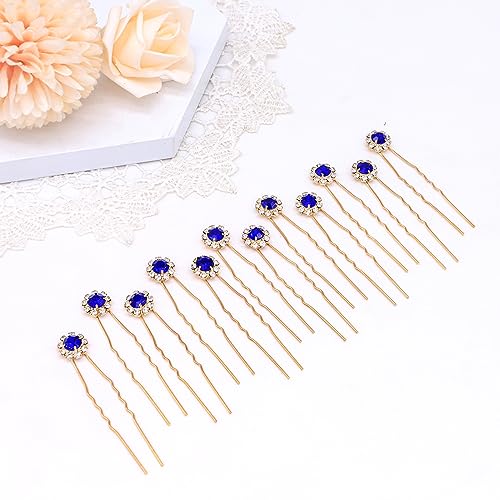 Ammei Crystal Bridal Hair Pins Clips Wedding Hair Accessories Hair Set Jewelry With Rhinestone For Brides and Bridesmaids Set Of 12 (Gold Plated-Blue) - color: Gold Plated-Blue