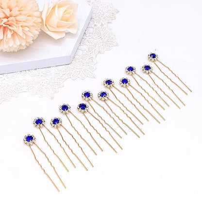 Ammei Crystal Bridal Hair Pins Clips Wedding Hair Accessories Hair Set Jewelry With Rhinestone For Brides and Bridesmaids Set Of 12 (Gold Plated-Blue) - color: Gold Plated-Blue