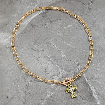 Chunky Cross Necklace for Women,Gold Silver Layered Hammered Cross Pendant Necklace Statement Paperclip Toggle Charm Chain Herringbone Snake Choker Christian Jewelry Outfit Accessories - color: AGold Silver