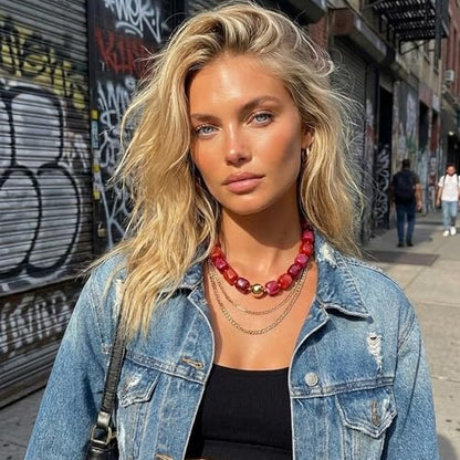Mchic Colorful Beaded Choker Necklace for Women: Boho Large Square Acrylic Beaded Necklace Stainless Steel Adjustable Surfer Beach Strand Necklaces Summer Handmade Jewelry Gift for Women - color: Mix Red