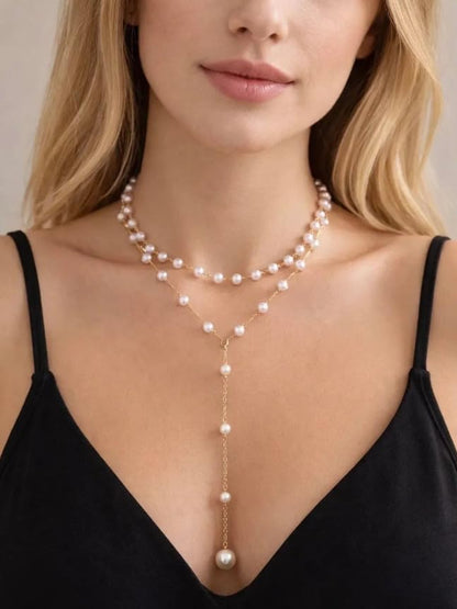 Layered Pearl Y Necklace for Women, Gold Tone Double Strand Faux Pearl Choker Necklace, Elegant Lariat Drop Necklace, Dainty Pearl Layering Jewelry for Everyday Wear and Special Occasions