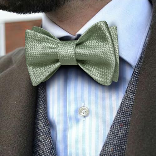 YOHOWA Bow Ties for Men Self-tied Silk Bowtie Solid Color with Lapel Pin and Handkerchief Cufflinks for Wedding Party Prom - color: Sage Green