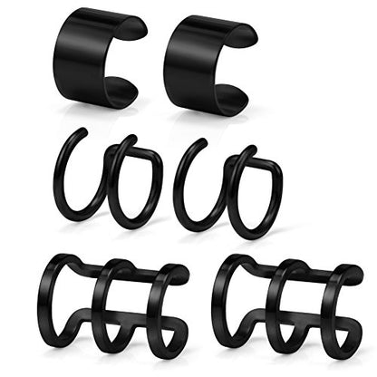 Stainless Steel Ear Cuff Non piercing Fake Clip-on Cartilage Earring Set Women Men 6pcs - color: 6PCS - Black