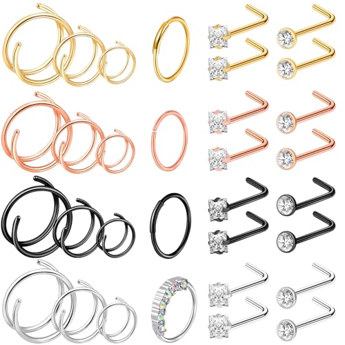 ONESING 9-40 Pcs Nose Rings - Hoops, Studs & L Shape - Hypoallergenic Stainless Steel Nose Piercings for Women & Men - color: Colorful-32 Pcs
