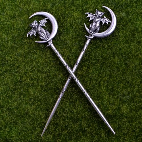 2PCS Retro Moon Crescent Cat Hair Sticks – Gothic Hair Pins for Women, Perfect for Halloween & Thick Hair Styling (QHZB) - color: QHZB
