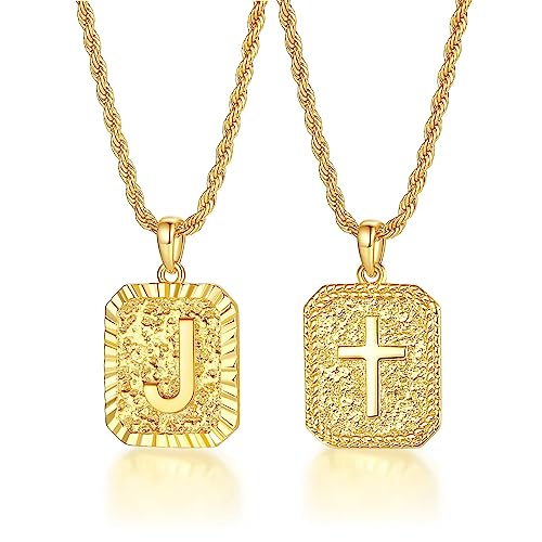 ASUWISH Gold Initial Necklaces for Men and Women, 18K Gold Plated Letter A-Z Cross Pendant with Adjustable Rope Chain, Letter Necklace for Women and Men - color: J, style: Gold