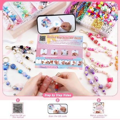 Wurosi Acrylic 865PCS Beaded Keychain Making Kit,DIY Bag Charm Kit | Includes Acrylic Heart Flower Alphabet Beads,Key Chain Supplies,Manual,Rope and Packaging Supplies for Jewerly Making Kit - color: 865 Pcs Colorful Bead Kit