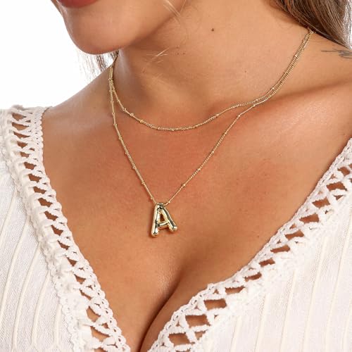 stino 4PCs Bubble Initial Letter Necklace Set, No Tarnish 14K Gold Plated Alphabet Pendant, Jewelry for Women - style: O