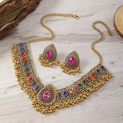 Frodete Indian Jewelry Sets for Women Traditional Bohemian Wedding Jewelry Set Indian Dresses for Women Oxidized Ethnic Party Prom Wear - color: B2:pink indian necklace earring sets