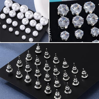 KISS WIFE CZ Stud Earrings Set for Women, Cubic Zirconia Stud Earrings in Multiple Sizes, Triangle Oval Heart Round Pearl Square Earrings, Hypoallergenic Silver Stud Earrings for Cartilage Piercing Jewelry - style: Heart+Round+Square+Pearl