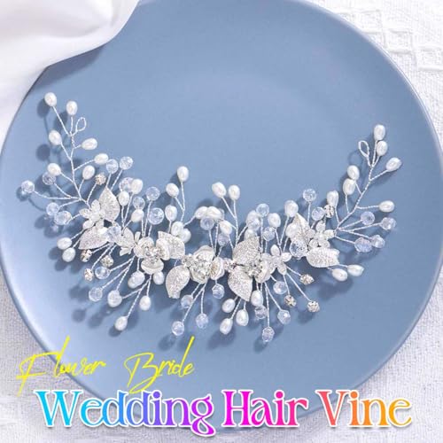 Flower Bride Wedding Hair Accessory Crystal Headpiece Hair Vine | Silver Leaf Bridal Hair Accessories Pearl Headpieces for Women - color: A-Silver