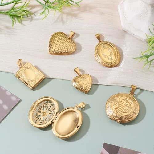 6Pcs 20K Gold Plated Locket Pendants Heart Oval Flat Round Rectangle Photo Frame Charms Golden Locket Charms for Necklaces DIY Memorial Necklace Making - color: Stainless Steel Color, 6 Styles