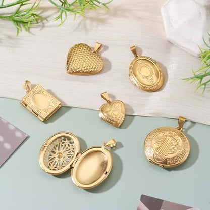 6Pcs 20K Gold Plated Locket Pendants Heart Oval Flat Round Rectangle Photo Frame Charms Golden Locket Charms for Necklaces DIY Memorial Necklace Making - color: Stainless Steel Color, 6 Styles