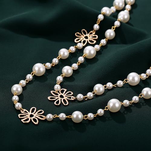Simulated Pearl Strand Layered Necklace for Women, Multi Strand Long Necklace, Dainty Sweater Necklace for Party Costume Jewelry - style: Daisy