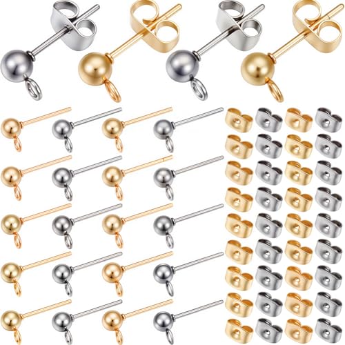 1 Box 200Pcs Ball Post Earring Studs Hypoallergenic Earring Posts Silver Stainless Steel Ear Stud with Butterfly Ear Back and Loop Connector Findings for Jewelry Making Supplies DIY - color: Gold, Stainless Steel Silver