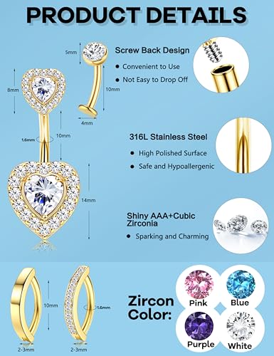 JeryWe Hypoallergenic Belly Button Ring Surgical Stainless Steel - Dainty Dangle Navel Piercing Jewelry CZ Bow Heart Ball Pearl Clicker Piercings for Women - color: 14K Gold Plated