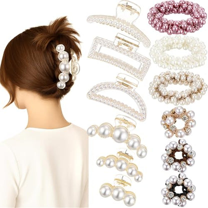 12 Pcs Pearl Hair Claw Clips Pearl Hair Ties Set for Women Girls Elastic Scrunchies Barrette Clamps Thick Thin Tousle Ponytail Holder Accessories Fashion Boho Bride Bachelorette Party Wedding