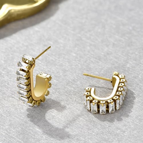 Green Crystal huggie gold hoop earrings for women Girls,14K Gold Plated with 925 Sterling Silver Post color Cubic Zirconia dainty cute Earrings| CZ Stud Earring - color: White stone
