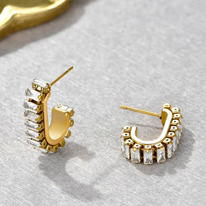 Green Crystal huggie gold hoop earrings for women Girls,14K Gold Plated with 925 Sterling Silver Post color Cubic Zirconia dainty cute Earrings| CZ Stud Earring - color: White stone
