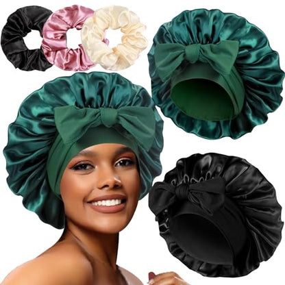 2+3 Large Satin Bonnets with Scrunchies for Women, Hair Bonnet Sleeping Tie Bonnet for Braids Curly Hair - color: D - Black, Sage Green