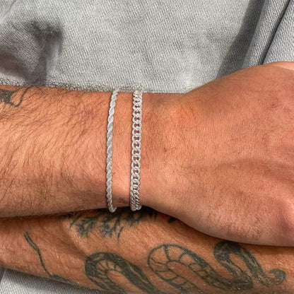 S925 Sterling Silver 6mm Cuban Link Chain Bracelets for Men,2.5mm Rope Chain Mens Bracelet Set for Men's&woman,Trendy hip-hop stacking Chain Gift Boyfriend/Girlfriend,Non Tarnish Hypoallergenic - style: Silver Rope chain + Cuban link