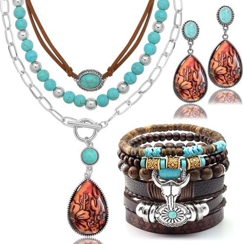 RechicGu Western Jewelry For Women Bohemian Turquoise Dangle Earrings Necklace Bracelet Set, Bullhead Pendant Layered Choker Boho Faux Leather Wristband Country Concert Cowgirl Accessories - color: Jewelry Set Cactus E