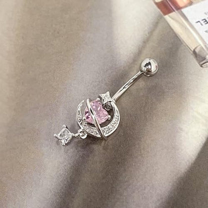 14G CZ Moon Dangle Belly Button Rings for Women Dainty Pink Heart Square Crystal Dangle Belly Button Ring Hypoallergenic Stainless Steel Belly Piercing Jewelry Navel Curved Barbell 3/8"