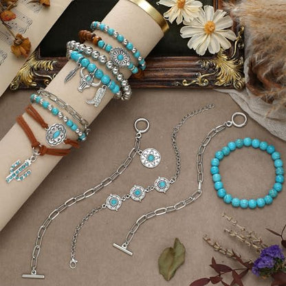 Inbagi 3 Pcs Turquoise Bracelet for Women Western Leather Jewelry for Women Silver Bohemian Beaded Stackable Bracelets Turquoise Cuff Bracelets - style: Classic
