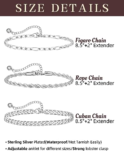 Sterling Silver Ankle Bracelets for Women Strong Lobster Clasp - Cuban Link, Figaro, Rope, Flat Mariner, Snake Herringbone, Satellite, Paperclip - Summer Beach Waterproof Silver Anklet - color: Figaro,Curb,Rope