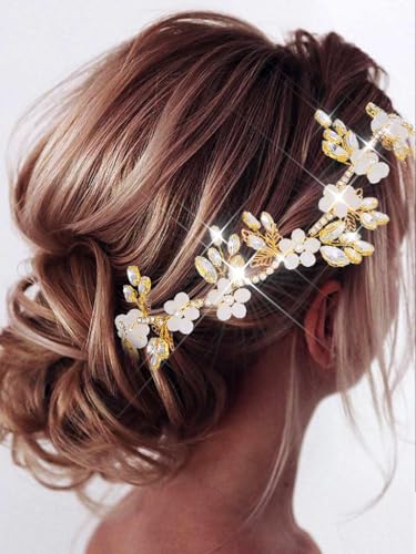 Catery Crystal Wedding Headband Flower Hair Vine Silver Bridal Headpieces Accessories for Brides and Women (Gold, one size) - color: Gold