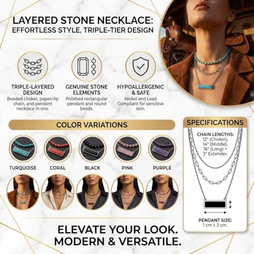 Layered Stone Necklace, Triple Strand Beaded Choker with Paperclip Chain, Boho Western Fashion Jewelry - color: Black