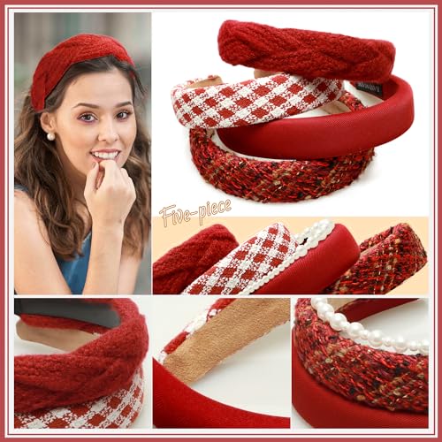 Fashion Headbands Set - 5pcs Red Wide Pearl Rhinestone Padded Hair Accessories for Women, Mothers Day, Valentine's Day, Christmas - color: Red