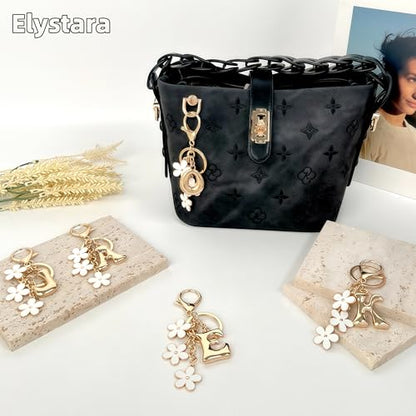 Floral Series Initial Bag Charm, Cute Flower & Bubble Letter Purse Charms, Keychain Accessories Gift for Women - color: White Flower, style: O