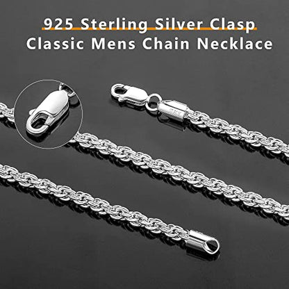 BRIJEWNES 925 Sterling Silver Clasp 2/2.5/3/4/5mm Silver Chain for Men Mens Necklace Rope Chain Necklace Diamond Cut Silver Mens Chain Necklace 16 18 20 22 24 26 28 30 Inches - size: 24, style: 4mm