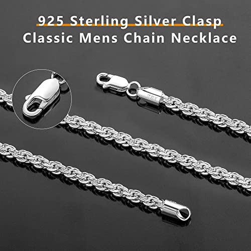 BRIJEWNES 925 Sterling Silver Clasp 2/2.5/3/4/5mm Silver Chain for Men Mens Necklace Rope Chain Necklace Diamond Cut Silver Mens Chain Necklace 16 18 20 22 24 26 28 30 Inches - size: 20, style: 4mm