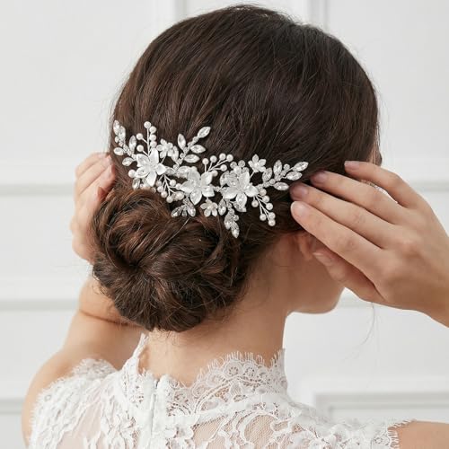 SWEETV Wedding Hair Clip for Brides Comb Bridal Hair Accessories Headpiece | Silver Handmade Flower Pearl Hair Comb Rhinestone Leaf Bridal Headpiece, Crystal Wedding Hair Pieces Brides Bridesmaids Women - color: Silver