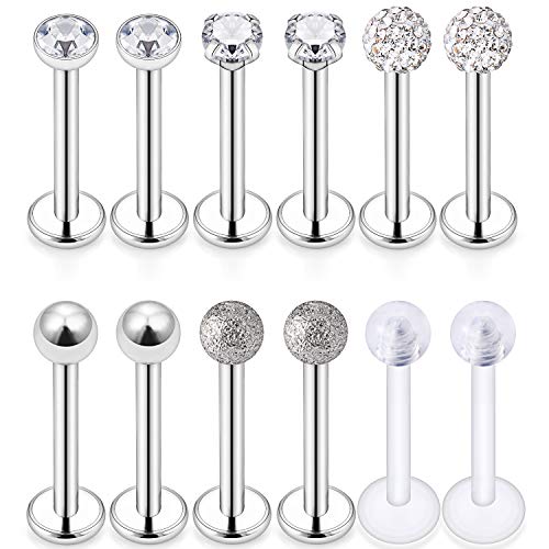 16G Stainless Steel Labret Studs Monroe Lip Rings Retainer Cartilage Tragus Nail Conch Helix Earring Barbell Piercing Jewelry with Clear Diamond CZ for Women Men - color: 12Pcs-8mm-silvertone
