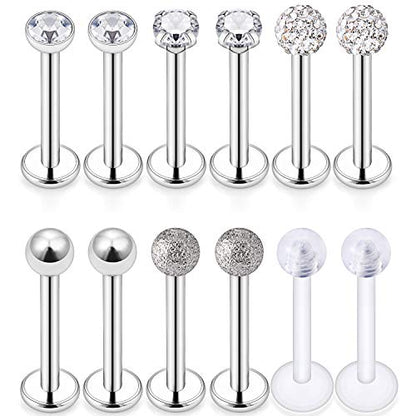 16G Stainless Steel Labret Studs Monroe Lip Rings Retainer Cartilage Tragus Nail Conch Helix Earring Barbell Piercing Jewelry with Clear Diamond CZ for Women Men - color: 12Pcs-8mm-silvertone