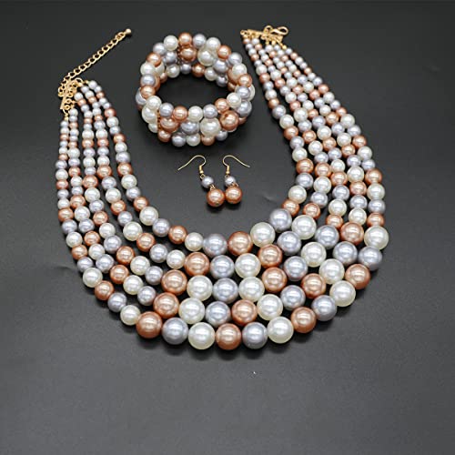 JNF Large Faux Pearl Necklaces for Women Multi strand Pearl Necklace Bracelet and Earrings Set 1920s Costume Pearls Necklace Jewelry Accessories - color: pearl necklace set champagne