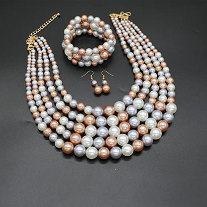 JNF Large Faux Pearl Necklaces for Women Multi strand Pearl Necklace Bracelet and Earrings Set 1920s Costume Pearls Necklace Jewelry Accessories - color: pearl necklace set champagne