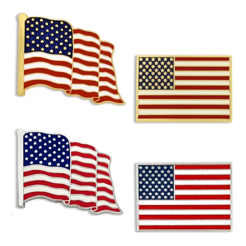 PinMart American Flag Lapel Pins - Set of 2 – Made in USA – Brass with Hard Enamel – Gold-colored & Nickel-Plated – 7/8"x5/8" & 1"x3/4" – Clutch Back – Ideal for Hats, Lapels & Gifts - color: Pack of 4 Pins