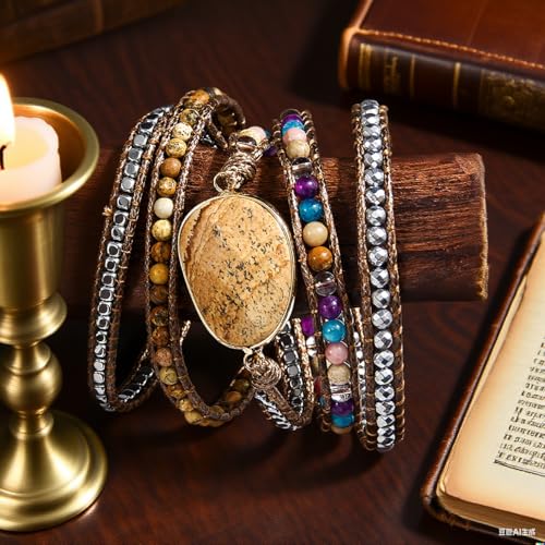Women Wrap Bracelet Boho Natural Jasper Crystal Stone Beads Strand Bracelets - color: Style 09-Picture Stone